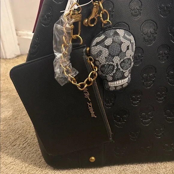 Betsey Johnson Black Skull-Embossed Tote Bag with Charm - Picture 4 of 8